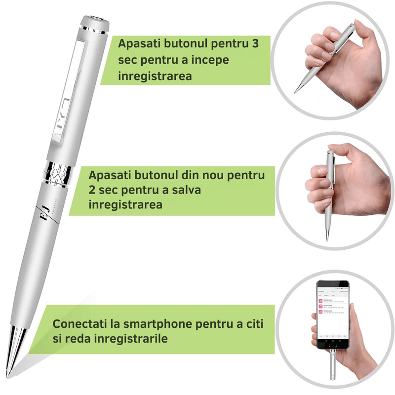 Laptop, Telefoane si Tablete - Wearables si gadgeturi - Gadgeturi - Dispozitive spionaj - Pix cu microfon ascuns, autonomie 10 ore, MP3 Player, 32GB, argintiu - D3191 - Infinity.ro