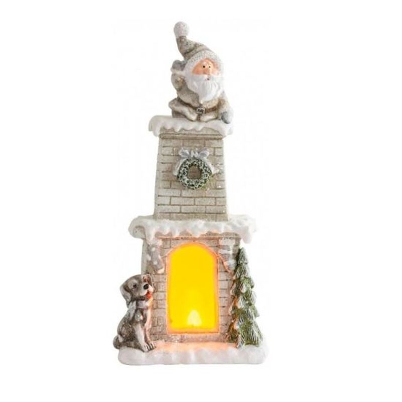 Casa si Gradina - Decoratiuni - Decoratiuni de sezon - Decoratiune Craciun, ceramica, Mos Craciun si semineu cu horn, LED, 3xAAA, 28x18.5x60 cm - Infinity.ro