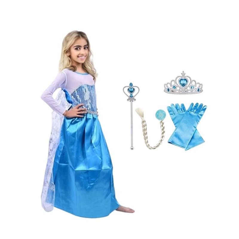Jucarii, Copii si Bebe - Jucarii si jocuri - Jucarii de rol - Masti si costume copii - Set rochie si patru accesorii Elsa Frozen, IdeallStore®, 5-7 ani, Carnaval - Infinity.ro
