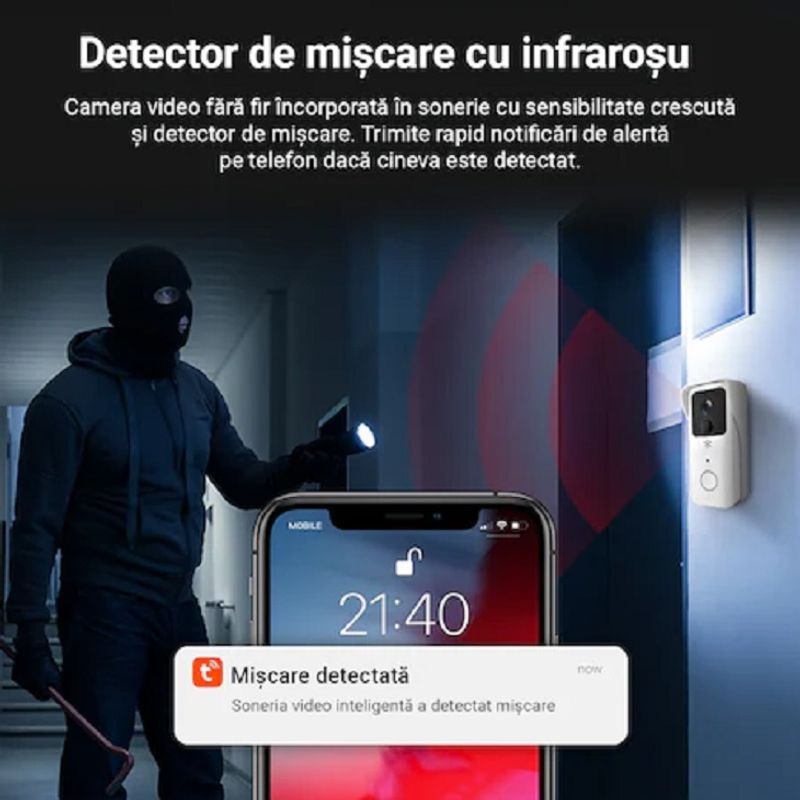 Casa si Gradina - Electrice - Accesorii electrice - Sonerii electrice - Sonerie inteligenta Spy® Pro Wifi cu camera video 2MP FullHD, Night Vision, senzor de miscare IR - Infinity.ro