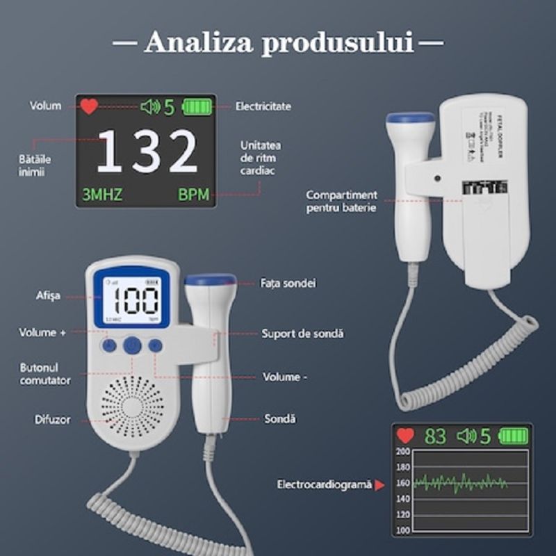 Ingrijire personala si Cosmetice - Sanatate si wellness - Aparate medicale - Dispozitive monitorizare medicala - Monitor Fetal Doppler Pentru Gravide, Rohs, Monitorizare Functii Vitale Fat Intrauterin, Detectare Batai Inimii Fatului - Infinity.ro