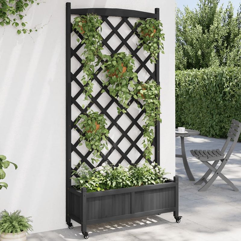 Casa si Gradina - Gradinarit si plante - Plante si ghivece - Ghivece si suporturi - Jardiniera cu spalier și roti, negru, lemn masiv de brad, mărime 90x35x187.5 cm - Infinity.ro