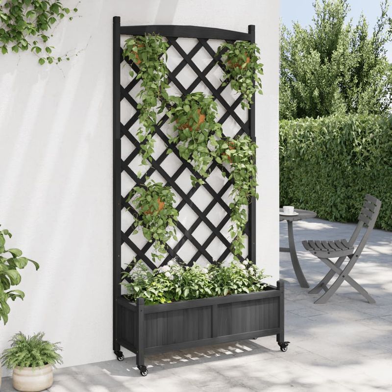 Casa si Gradina - Gradinarit si plante - Plante si ghivece - Ghivece si suporturi - Jardiniera cu spalier și roti, negru, lemn masiv de brad, mărime 90x35x187.5 cm - Infinity.ro