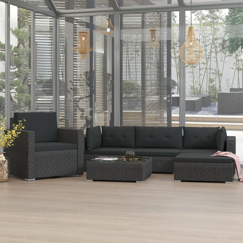 Casa si Gradina - Gradina si terasa - Mobilier exterior - Seturi mobila gradina - Set mobilier de gradina cu perne, 6 piese, negru, poliratan - Infinity.ro