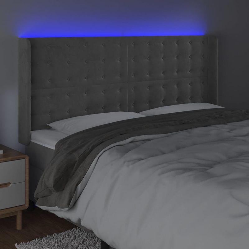 Casa si Gradina - Mobilier - Paturi si accesorii - Accesorii paturi - Tablie de pat cu LED, gri deschis, 203x16x118/128 cm, catifea - Infinity.ro