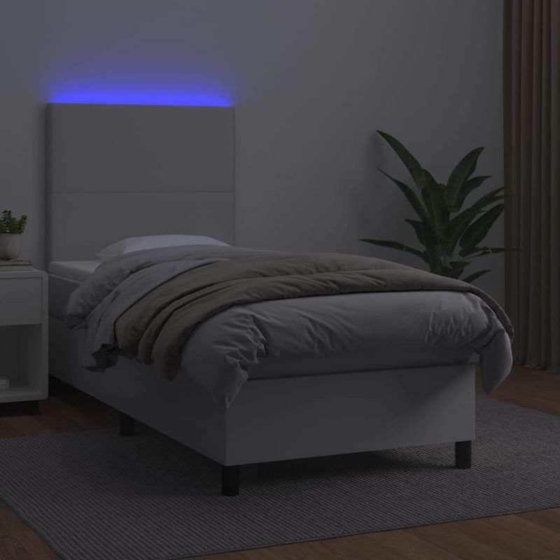 Casa si Gradina - Mobilier - Paturi si accesorii - Paturi - Pat continental cu saltea & LED, alb, 90x200 cm, piele eco - Infinity.ro