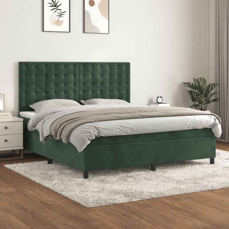 Casa si Gradina - Mobilier - Paturi si accesorii - Paturi - Pat box spring cu saltea, verde inchis, 160x200 cm, catifea - Infinity.ro