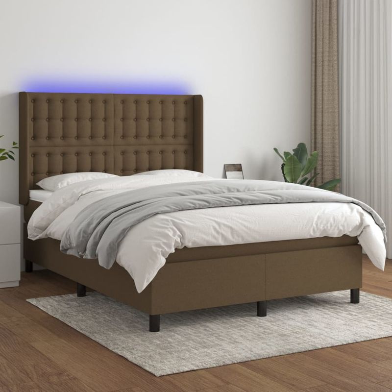 Casa si Gradina - Mobilier - Paturi si accesorii - Paturi - Pat cu arcuri, saltea si LED, maro inchis, 140x190 cm, textil - Infinity.ro
