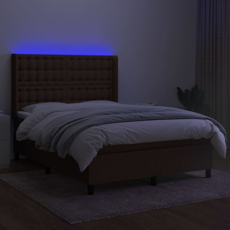 Casa si Gradina - Mobilier - Paturi si accesorii - Paturi - Pat cu arcuri, saltea si LED, maro inchis, 140x190 cm, textil - Infinity.ro