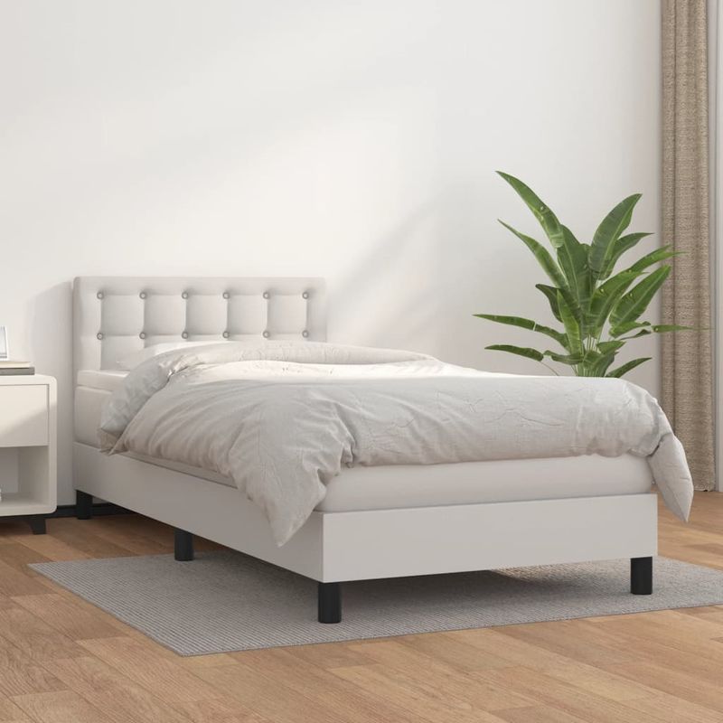 Casa si Gradina - Mobilier - Paturi si accesorii - Paturi - Pat box spring cu saltea, alb, 90x200 cm, piele ecologica - Infinity.ro