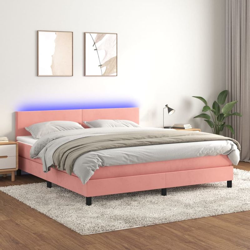 Casa si Gradina - Mobilier - Paturi si accesorii - Paturi - Pat cu arcuri, saltea & LED, roz, 180x200 cm, catifea - Infinity.ro