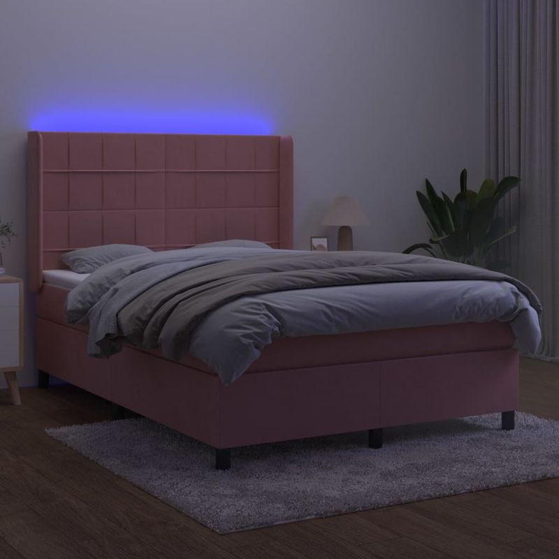 Casa si Gradina - Mobilier - Paturi si accesorii - Paturi - Pat cu arcuri, cu saltea si LED, roz, 140x190 cm catifea - Infinity.ro