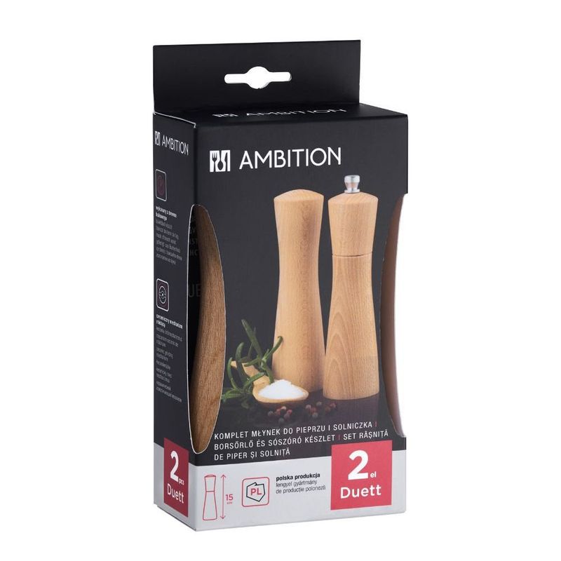 Casa si Gradina - Bucatarie si vesela - Ustensile bucatarie - Rasnite si dozatoare condimente - Set 2 piese, rasnita piper 15 cm si solnita, lemn maro, AMBITION Duett - Infinity.ro