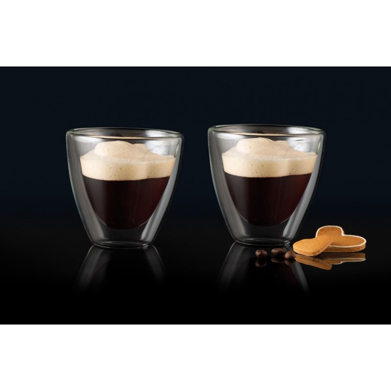 Casa si Gradina - Bucatarie si vesela - Cani si pahare - Pahare - Set 2 pahare cu pereti dubli 80 ml, sticla termorezistenta, model inima, AMBITION Mia - Infinity.ro