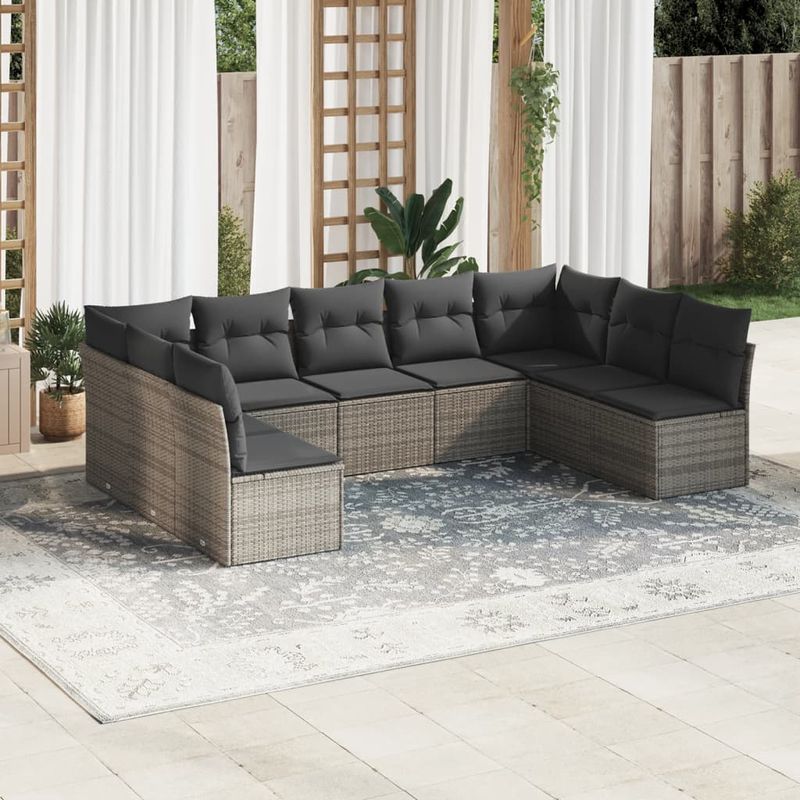 Casa si Gradina - Gradina si terasa - Mobilier exterior - Seturi mobila gradina - Set canapele de gradina, 9 piese, cu perne, gri, poliratan - Infinity.ro