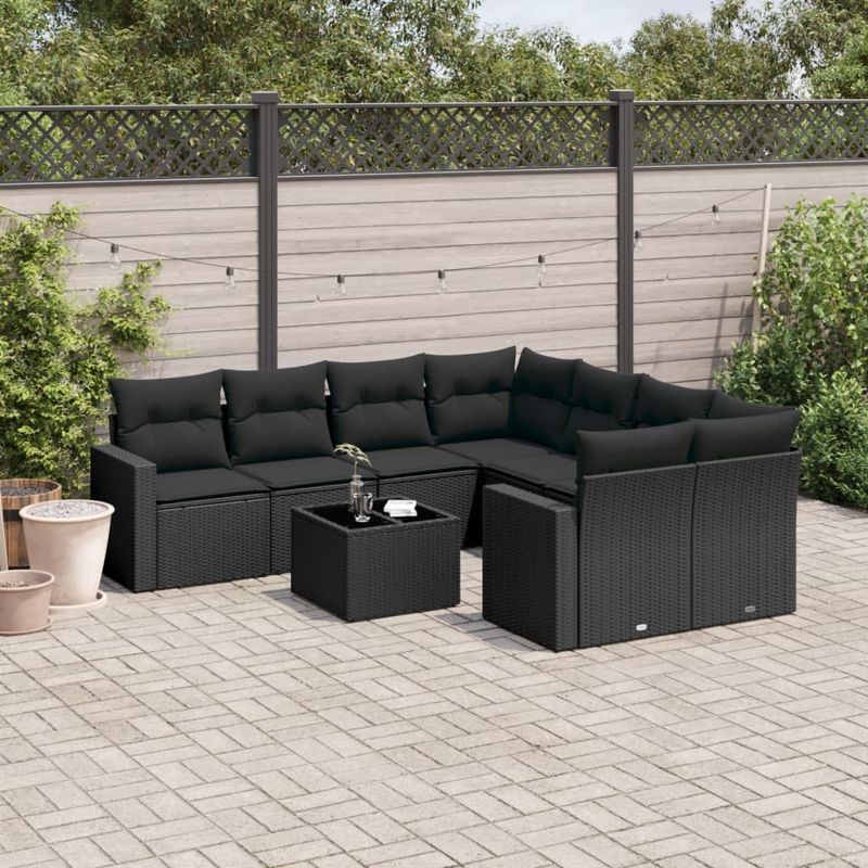 Casa si Gradina - Gradina si terasa - Mobilier exterior - Canapele si fotolii gradina - Set mobilier de gradina cu perne, 9 piese, negru, poliratan - Infinity.ro