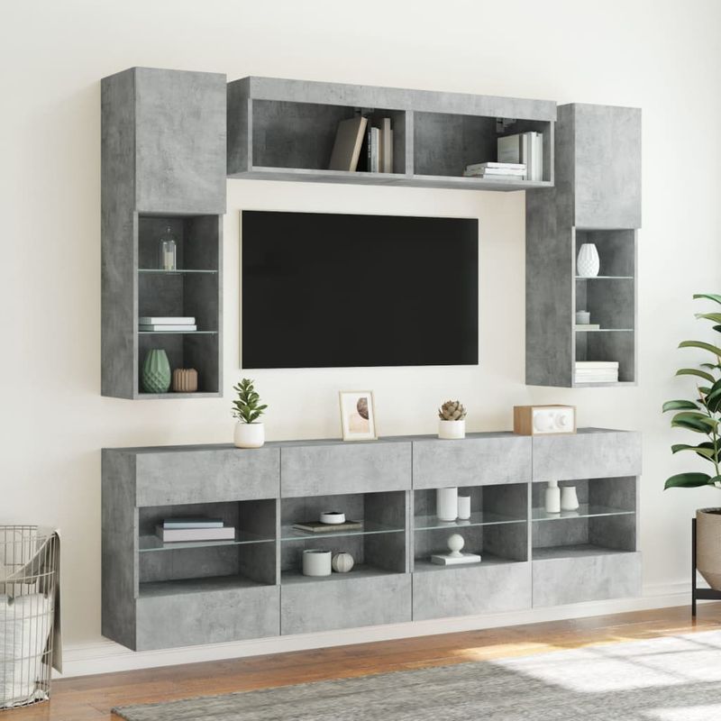 Casa si Gradina - Mobilier - Comode si corpuri - Comode - Set comode TV de perete cu lumini LED, 6 piese, gri beton - Infinity.ro
