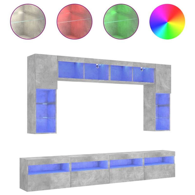 Casa si Gradina - Mobilier - Comode si corpuri - Comode - Set comode TV de perete cu lumini LED, 8 piese, gri beton - Infinity.ro