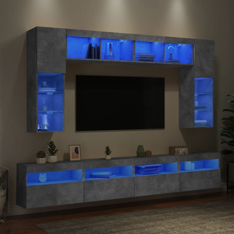 Casa si Gradina - Mobilier - Comode si corpuri - Comode - Set comode TV de perete cu lumini LED, 8 piese, gri beton - Infinity.ro