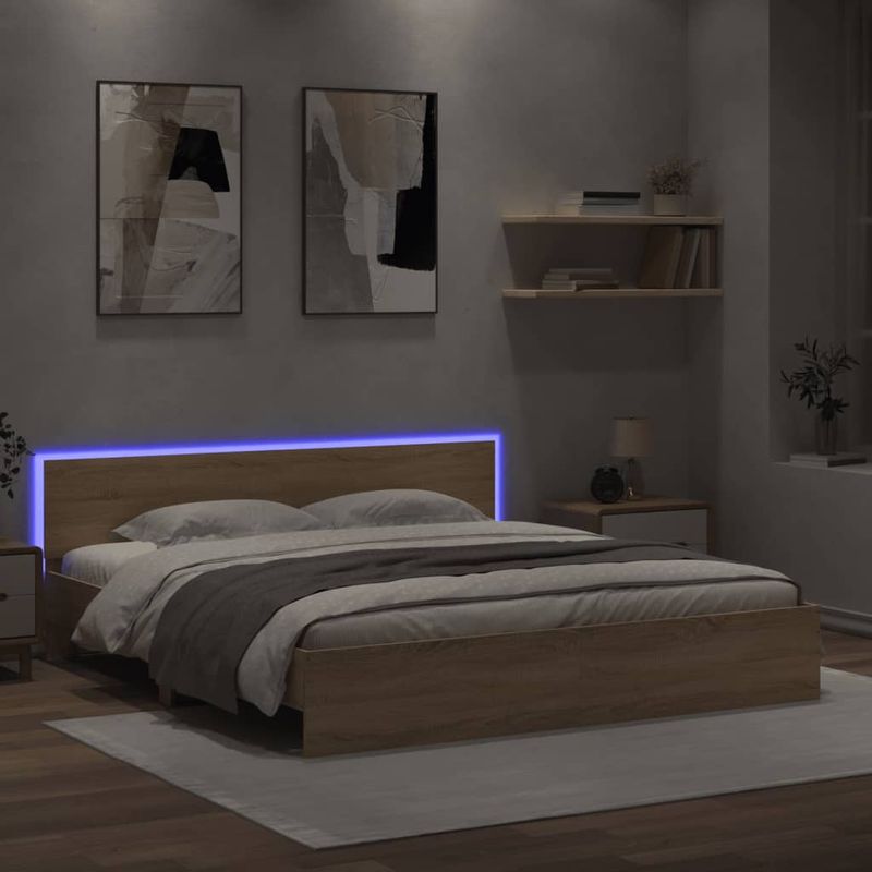 Casa si Gradina - Mobilier - Paturi si accesorii - Paturi - Cadru de pat cu tablie si LED, stejar sonoma, 200x200 cm - Infinity.ro