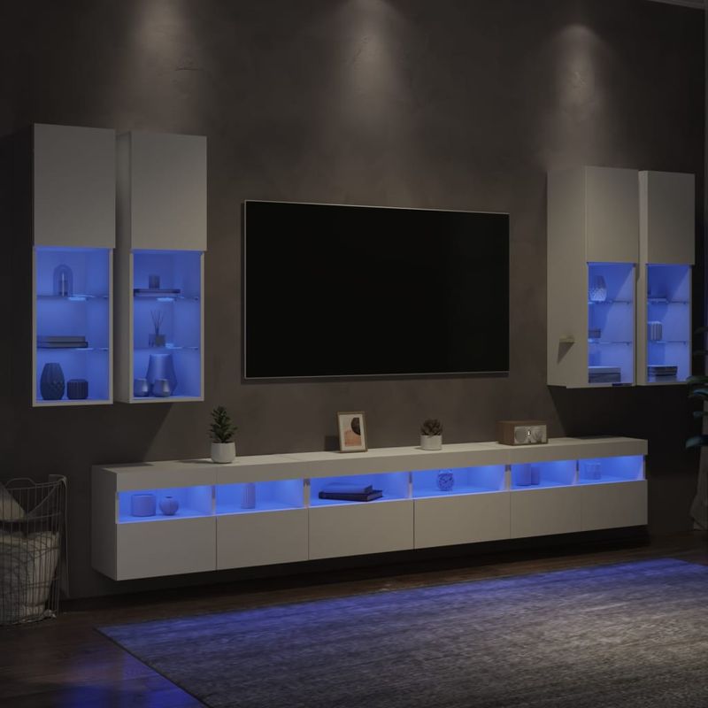 Casa si Gradina - Mobilier - Comode si corpuri - Comode - Set comode TV de perete, 7 piese, cu lumini LED, alb - Infinity.ro