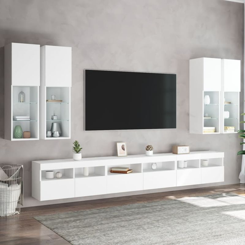 Casa si Gradina - Mobilier - Comode si corpuri - Comode - Set comode TV de perete, 7 piese, cu lumini LED, alb - Infinity.ro