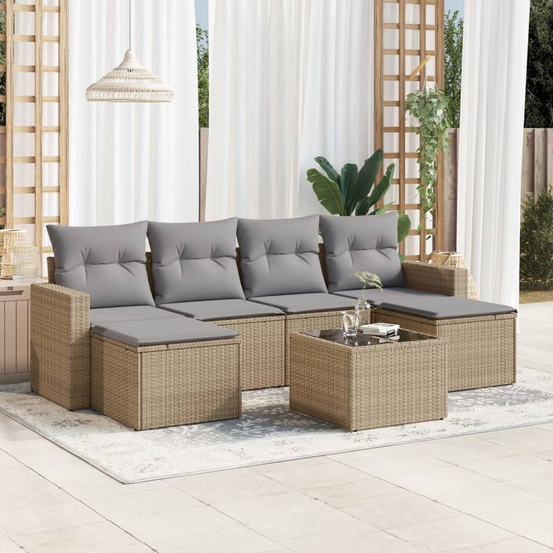 Casa si Gradina - Gradina si terasa - Mobilier exterior - Canapele si fotolii gradina - Set canapele de gradina, 7 piese, cu perne, bej, poliratan - Infinity.ro