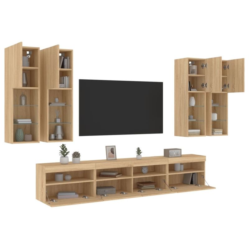 Casa si Gradina - Mobilier - Comode si corpuri - Comode - Comode TV de perete cu lumini LED, 7 piese, stejar sonoma - Infinity.ro