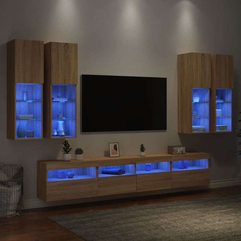 Casa si Gradina - Mobilier - Comode si corpuri - Comode - Comode TV de perete cu lumini LED, 7 piese, stejar sonoma - Infinity.ro