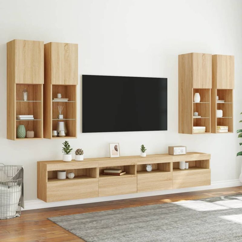 Casa si Gradina - Mobilier - Comode si corpuri - Comode - Comode TV de perete cu lumini LED, 7 piese, stejar sonoma - Infinity.ro