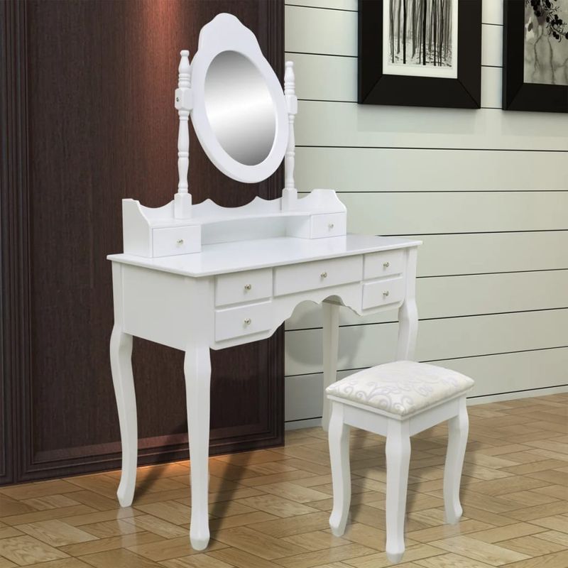 Casa si Gradina - Mobilier - Comode si corpuri - Masute de toaleta - Masa de toaleta cu oglinda si taburet, 7 sertare, alb - Infinity.ro