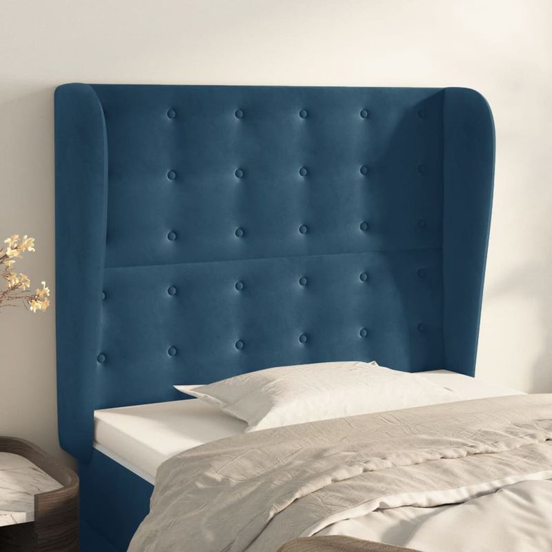 Casa si Gradina - Mobilier - Paturi si accesorii - Accesorii paturi - Tablie pat cu urechi albastru inchis 103x23x118/128cm catifea - Infinity.ro