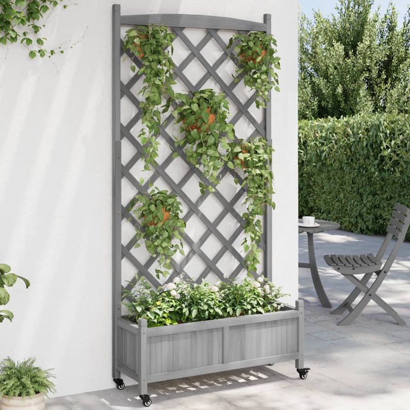 Casa si Gradina - Gradinarit si plante - Plante si ghivece - Ghivece si suporturi - Jardiniera cu spalier și roti, lemn masiv de brad, mărime 90x35x187.5 cm - Infinity.ro