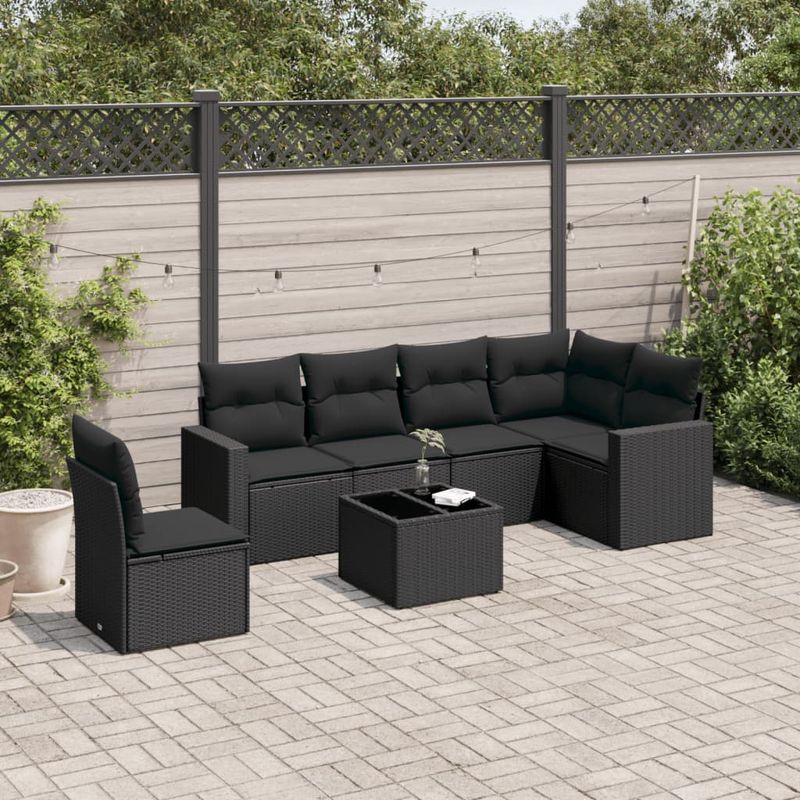 Casa si Gradina - Gradina si terasa - Mobilier exterior - Canapele si fotolii gradina - Set canapele de gradina cu perne, 7 piese, negru, poliratan - Infinity.ro