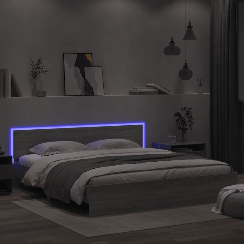 Casa si Gradina - Mobilier - Paturi si accesorii - Paturi - Cadru de pat cu tablie si LED, gri sonoma, 200x200 cm - Infinity.ro