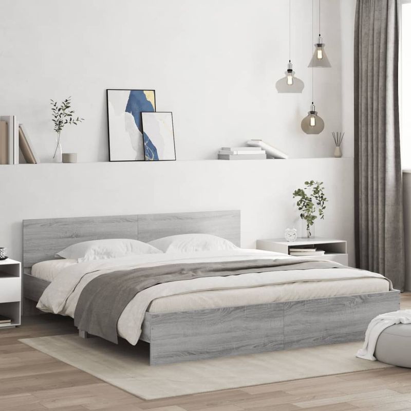 Casa si Gradina - Mobilier - Paturi si accesorii - Paturi - Cadru de pat cu tablie si LED, gri sonoma, 200x200 cm - Infinity.ro