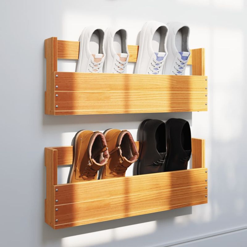Casa si Gradina - Mobilier - Biblioteci si rafturi - Rafturi - Pantofare de perete 2 buc. maro ceruit, lemn masiv pin, lăţime 59 cm - Infinity.ro