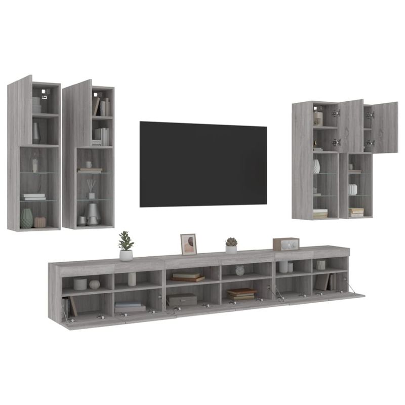 Casa si Gradina - Mobilier - Comode si corpuri - Comode - Comode TV de perete cu lumini LED, 7 piese, gri sonoma - Infinity.ro