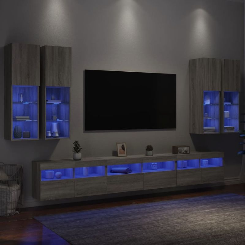 Casa si Gradina - Mobilier - Comode si corpuri - Comode - Comode TV de perete cu lumini LED, 7 piese, gri sonoma - Infinity.ro