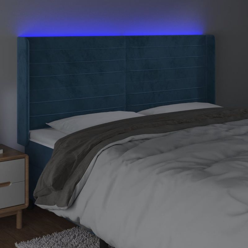 Casa si Gradina - Mobilier - Paturi si accesorii - Accesorii paturi - Tablie de pat cu LED, albastru inchis, 163x16x118/128cm catifea - Infinity.ro