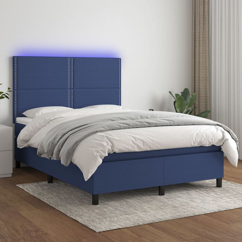 Casa si Gradina - Mobilier - Paturi si accesorii - Paturi - Pat cu arcuri, saltea si LED, albastru, 140x190 cm, textil - Infinity.ro