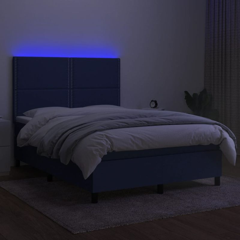 Casa si Gradina - Mobilier - Paturi si accesorii - Paturi - Pat cu arcuri, saltea si LED, albastru, 140x190 cm, textil - Infinity.ro