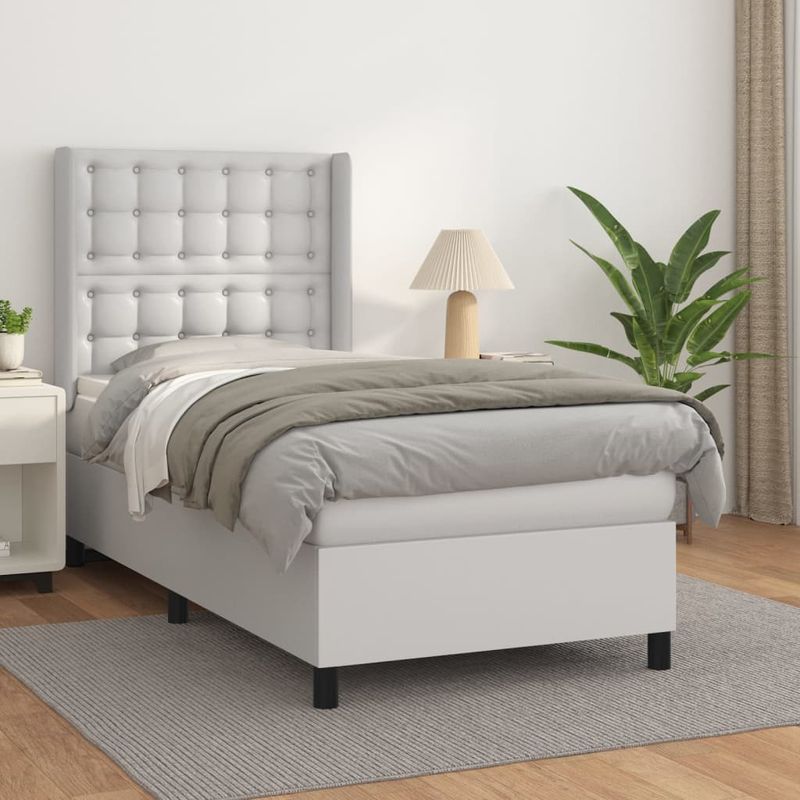Casa si Gradina - Mobilier - Paturi si accesorii - Paturi - Pat box spring cu saltea, alb, 90x190 cm, piele ecologica - Infinity.ro