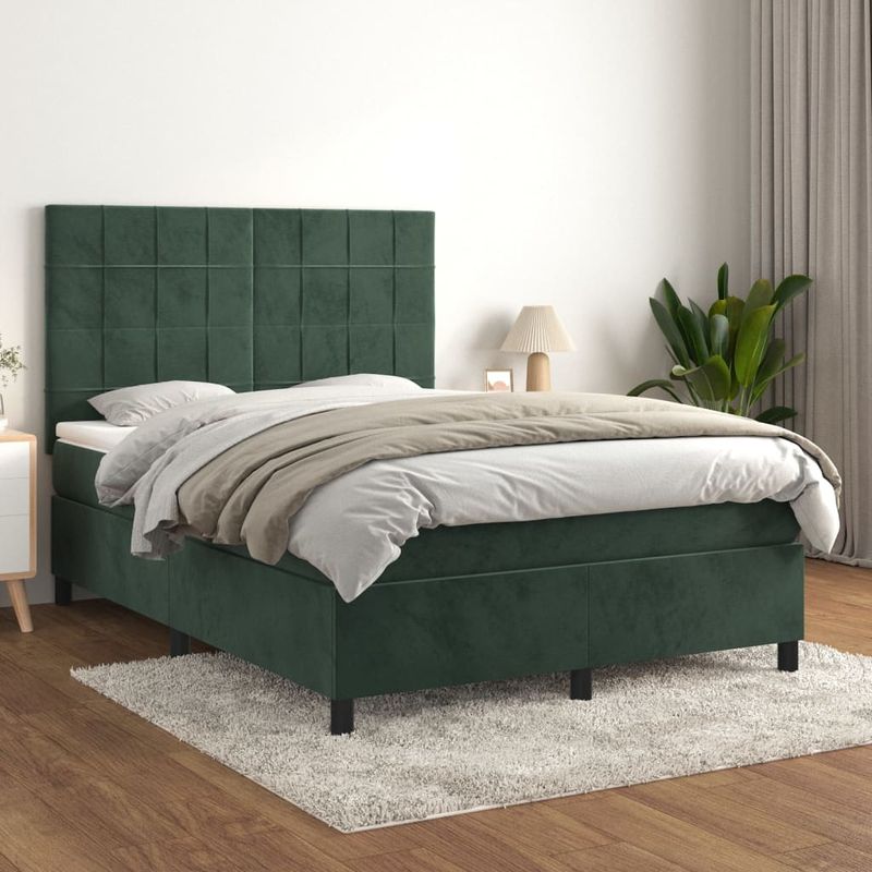 Casa si Gradina - Mobilier - Paturi si accesorii - Paturi - Pat box spring cu saltea, verde inchis, 140x190 cm, catifea - Infinity.ro