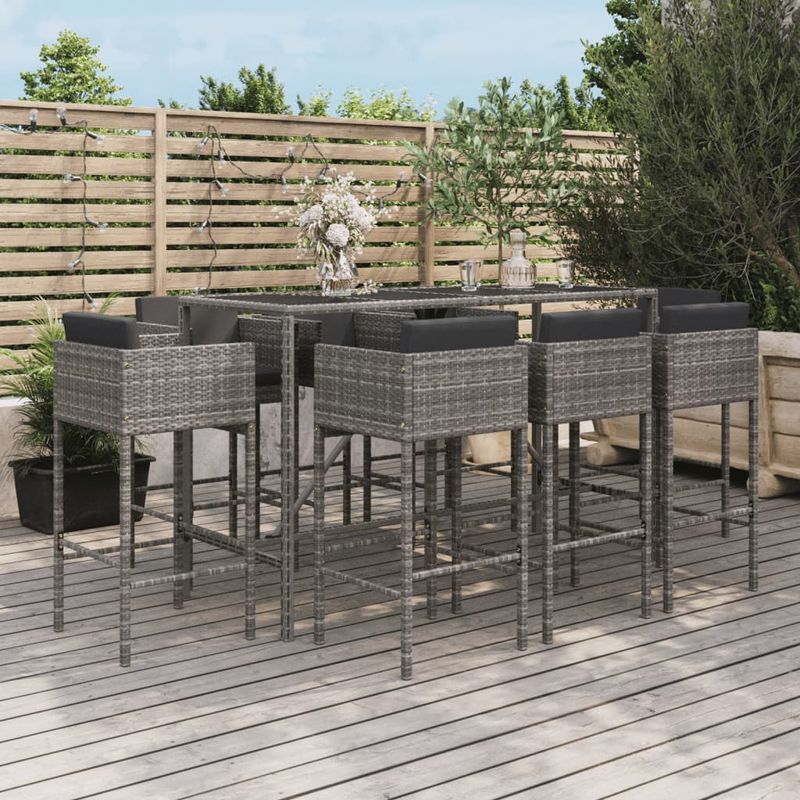Casa si Gradina - Gradina si terasa - Mobilier exterior - Seturi mobila gradina - Set mobilier bar de gradina, cu perne, 9 piese, gri, poliratan - Infinity.ro