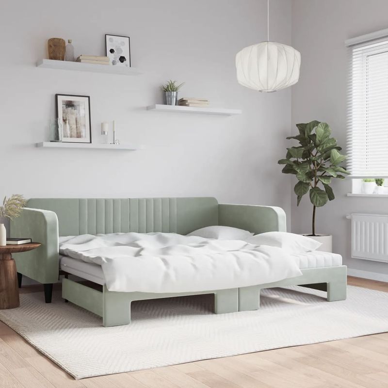 Casa si Gradina - Mobilier - Paturi si accesorii - Paturi - Pat de zi cu extensie si saltele gri deschis 100x200 cm catifea - Infinity.ro