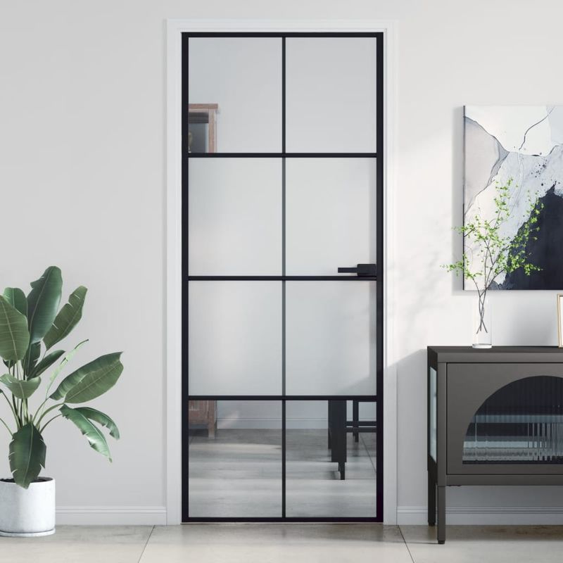 Casa si Gradina - Constructii - Usi interior, exterior si garaj - Usi interior - Usa de interior negru 83x201,5 cm sticla securiz./aluminiu slim, negru și transparent și mat, model 4x2 grilaje - Infinity.ro
