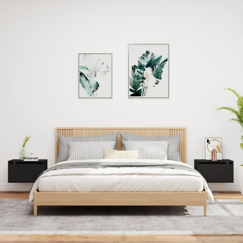 Casa si Gradina - Mobilier - Comode si corpuri - Noptiere - Noptiere montate pe perete cu lumini LED, 2 buc., negru - Infinity.ro