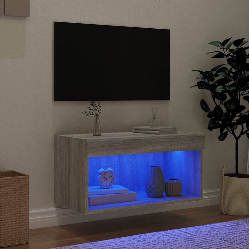 Casa si Gradina - Mobilier - Comode si corpuri - Comode - Comoda TV cu lumini LED, gri sonoma, 60x30x30 cm - Infinity.ro