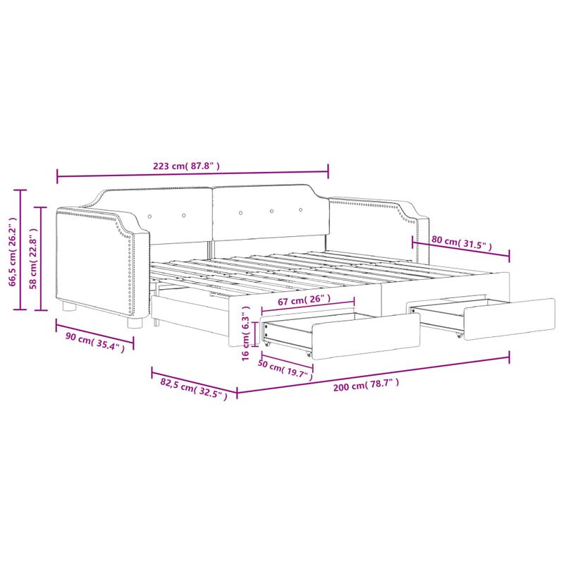 Casa si Gradina - Mobilier - Paturi si accesorii - Paturi - Pat de zi cu extensie si sertare, crem, 80x200 cm, textil - Infinity.ro